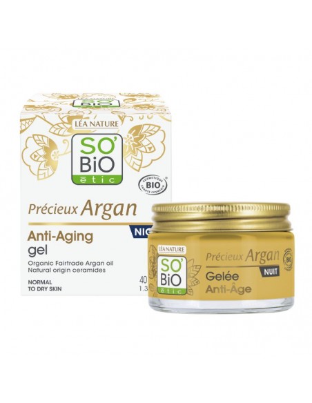 Gel noche antiedad Precieux Argán de SO'BiO étic disponible en Naturcosmetika, distribuidora de cosmética natural certificada.