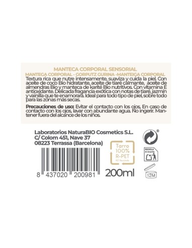 MANTECA CORPORAL SENSORIAL FLOR DE TIARE Y ALOE VERA BIO NATURABIO
