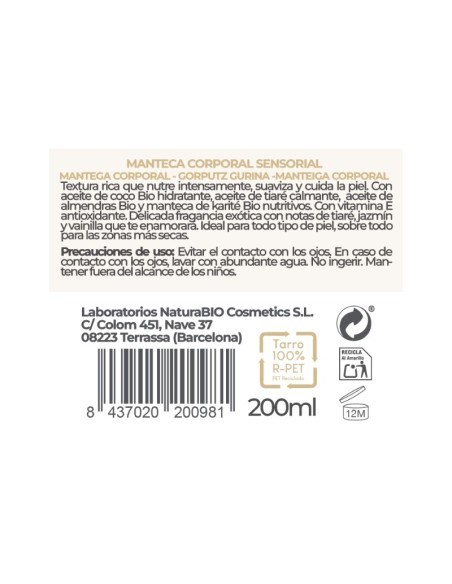 MANTECA CORPORAL SENSORIAL FLOR DE TIARE Y ALOE VERA BIO NATURABIO