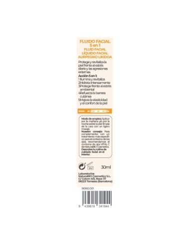 FLUIDO FACIAL 5 EN 1 VITAL C PREBIOTICOS & ACIDO HIALURONICO NATURABIO COSMETICS