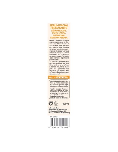 SERUM FACIAL HIDRATANTE VITAL C PREBIOTICOS & ACIDO HIALURONICO NATURABIO COSMETICS