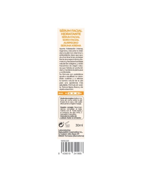 SERUM FACIAL HIDRATANTE VITAL C PREBIOTICOS & ACIDO HIALURONICO NATURABIO COSMETICS